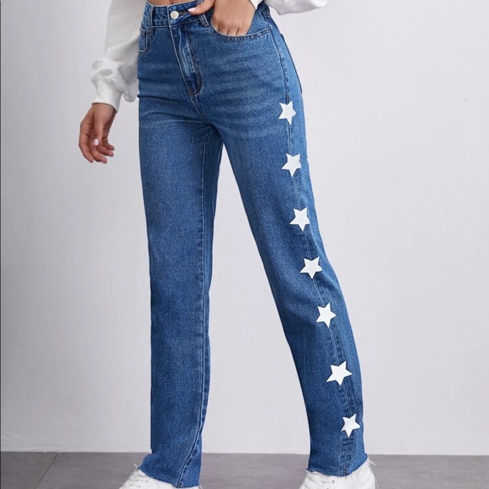Reflective Star Print Straight Leg Jeans